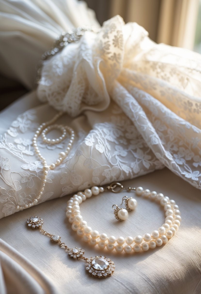 A wedding dress with a matching set of bridal jewelry displayed together as a keepsake.