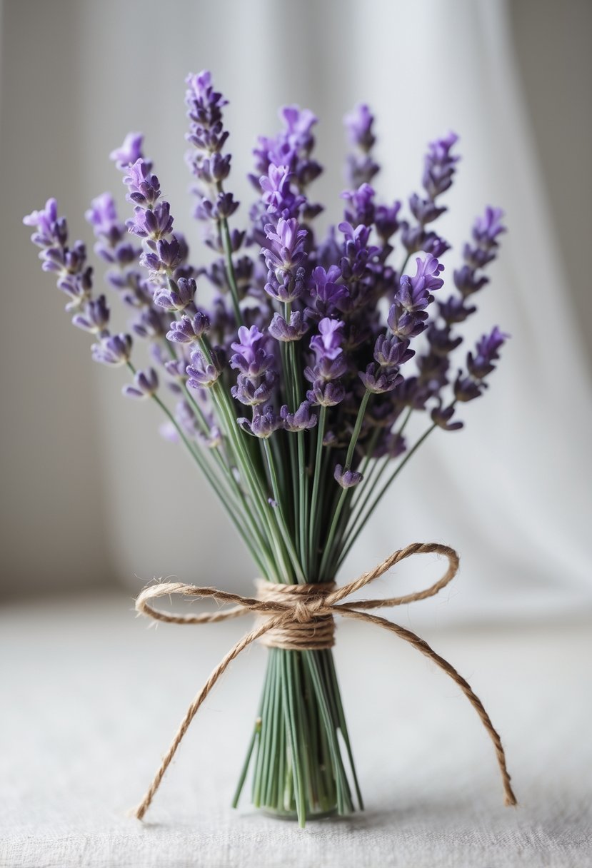 A small bouquet of lavender sprigs tied with twine on a neutral background.