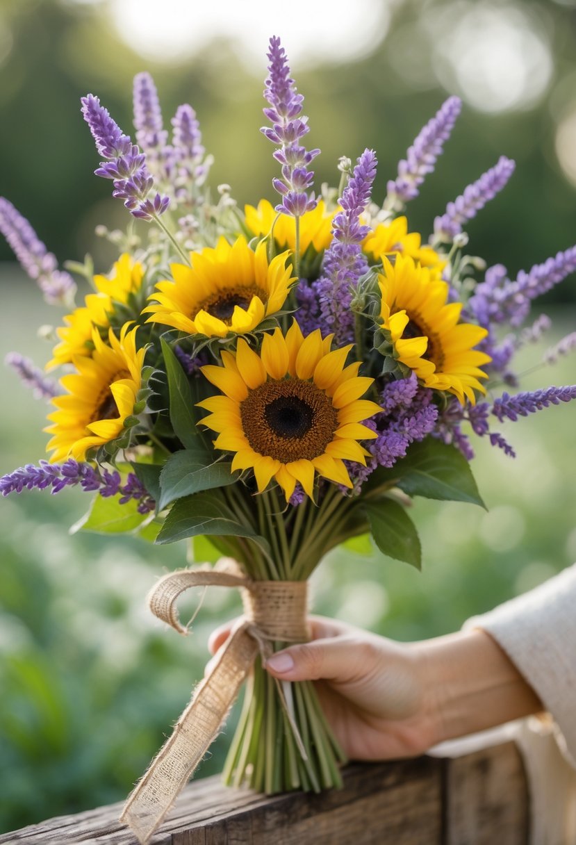 A small bouquet of sunflowers and lavender tied with twine on a wooden surface.