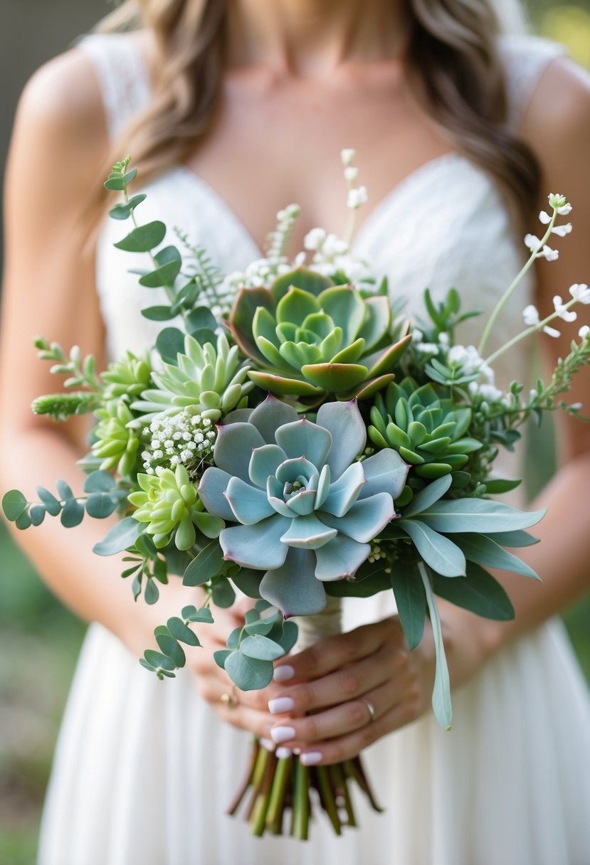 A small wedding bouquet made of succulents and eucalyptus leaves held by a bride.