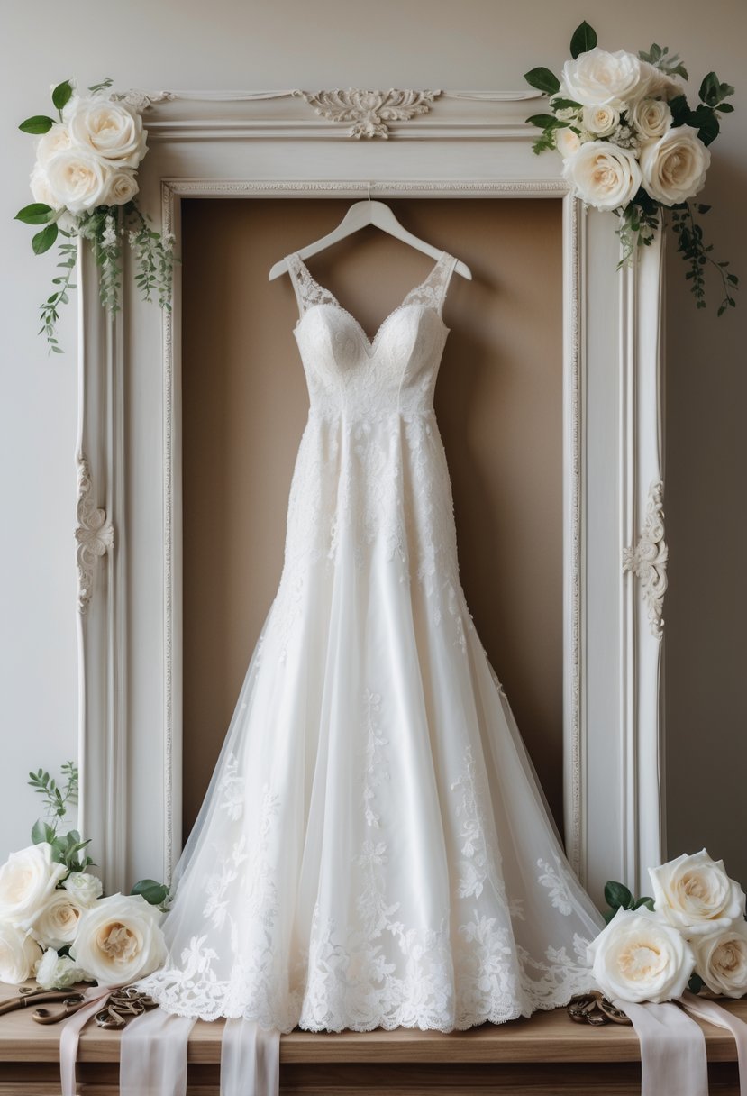 A framed wedding dress displayed inside a shadow box on a wooden surface with flowers and decorative items around it.