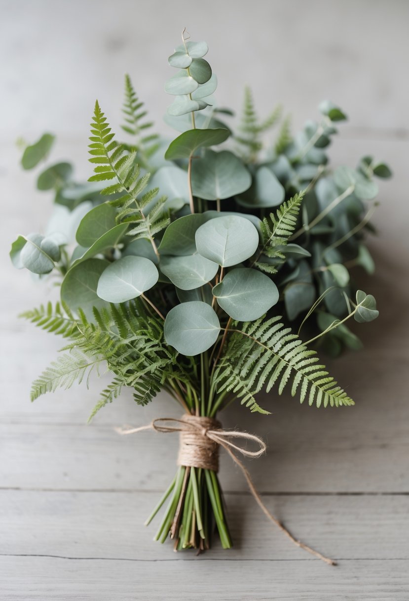 A small wedding bouquet made of eucalyptus leaves and fern greenery resting on a wooden surface.