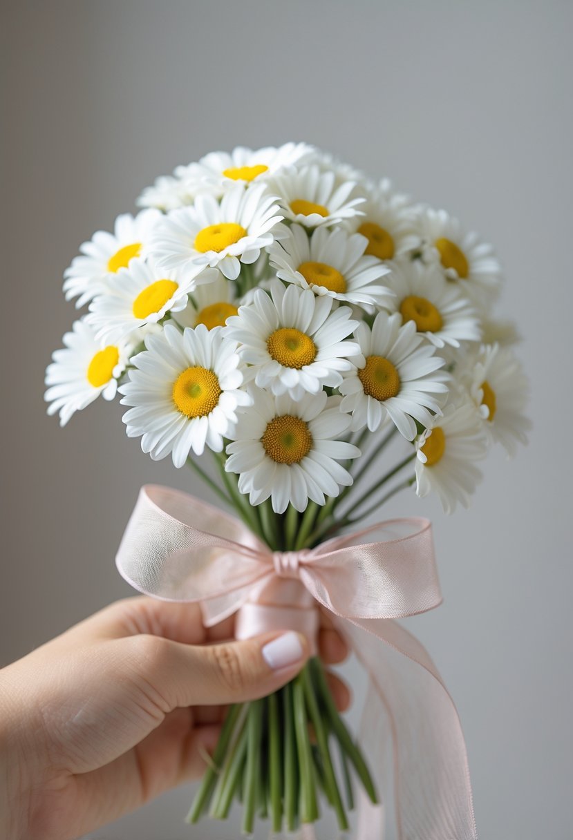 A small bouquet of white daisies tied with a pastel ribbon held against a blurred neutral background.