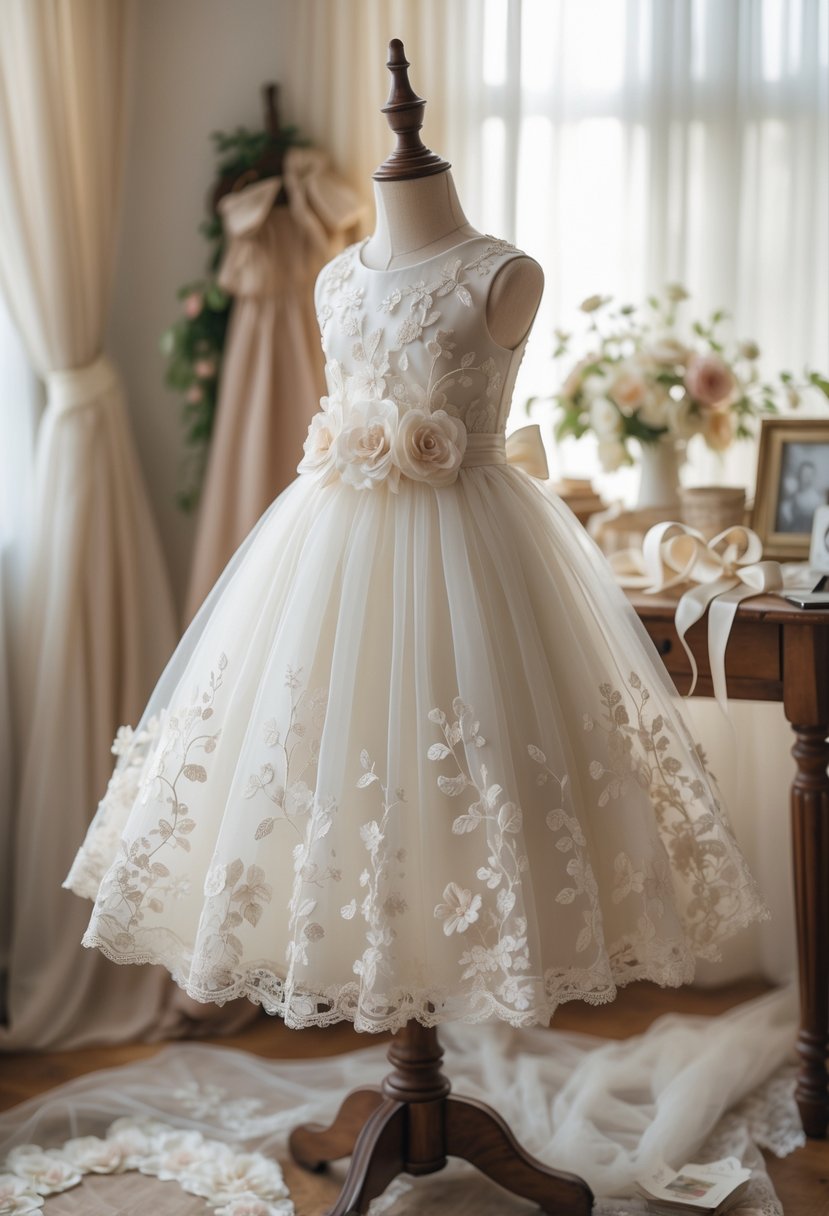 A delicate flower girl dress on a dress form surrounded by sewing materials and wedding keepsake items in a softly lit room.
