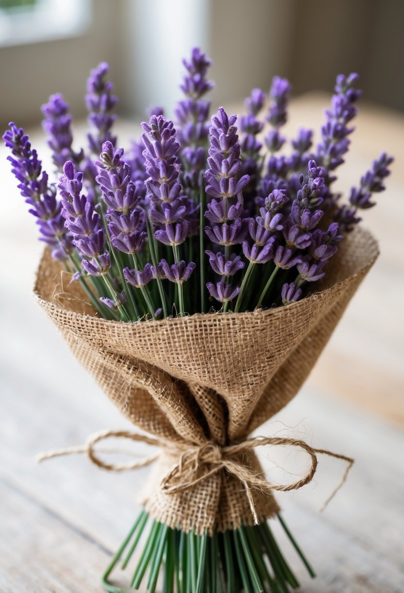 A small bundle of lavender flowers wrapped in burlap fabric tied with twine, placed on a wooden surface.