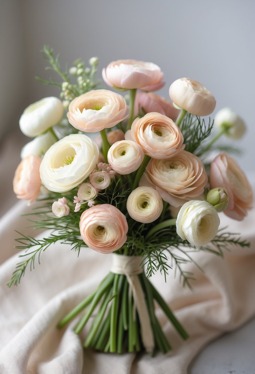 A small bouquet of mini ranunculus flowers in soft pastel colors with green leaves on a neutral background.
