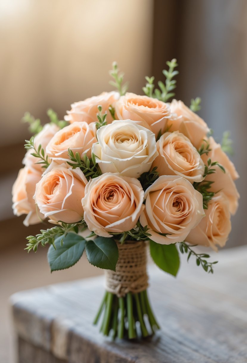 A small wedding bouquet of peach and cream roses with green leaves, held together by rustic twine, against a softly blurred background.