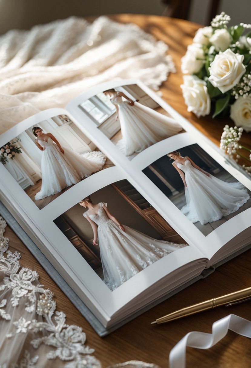 An open photo book on a wooden table showing pictures of elegant wedding dresses with lace and flowing fabric, surrounded by small flowers and a ribbon.