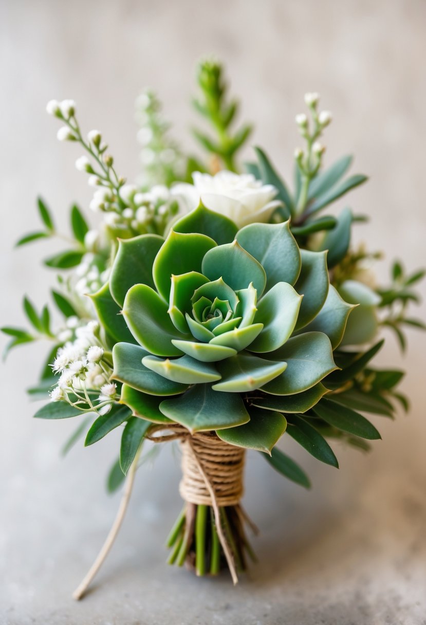 A small wedding bouquet with a green mini succulent wrapped in twine and accented with white flowers and greenery.
