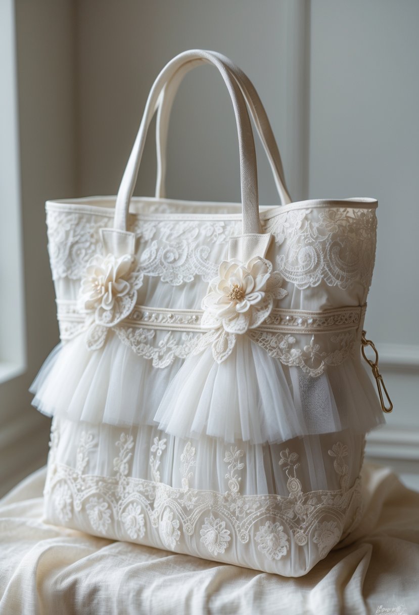 A tote bag made from white wedding dress fabric with lace and embroidery on a plain background.