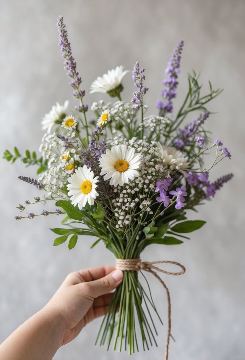 A small bouquet of wildflowers held in one hand against a blurred neutral background.