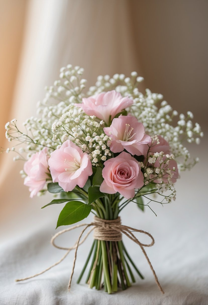 A small wedding bouquet of soft pink lisianthus and white baby's breath tied with twine, set against a blurred neutral background.