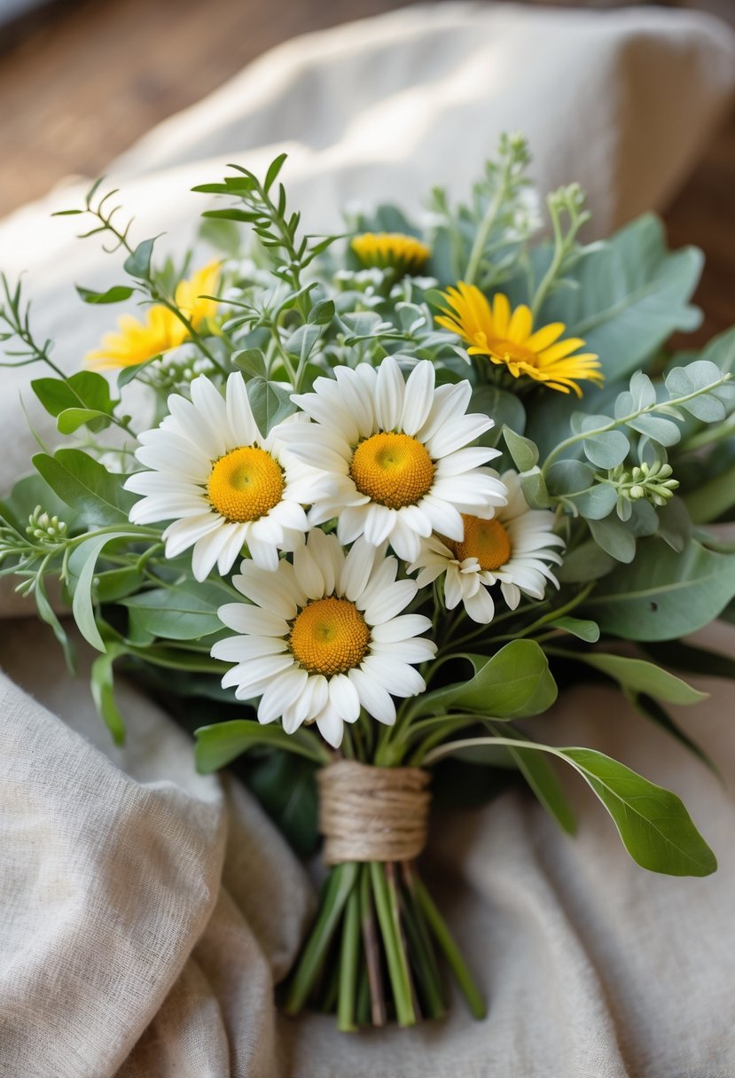 A small wedding bouquet of sun-kissed daisies and green foliage resting on a neutral surface.