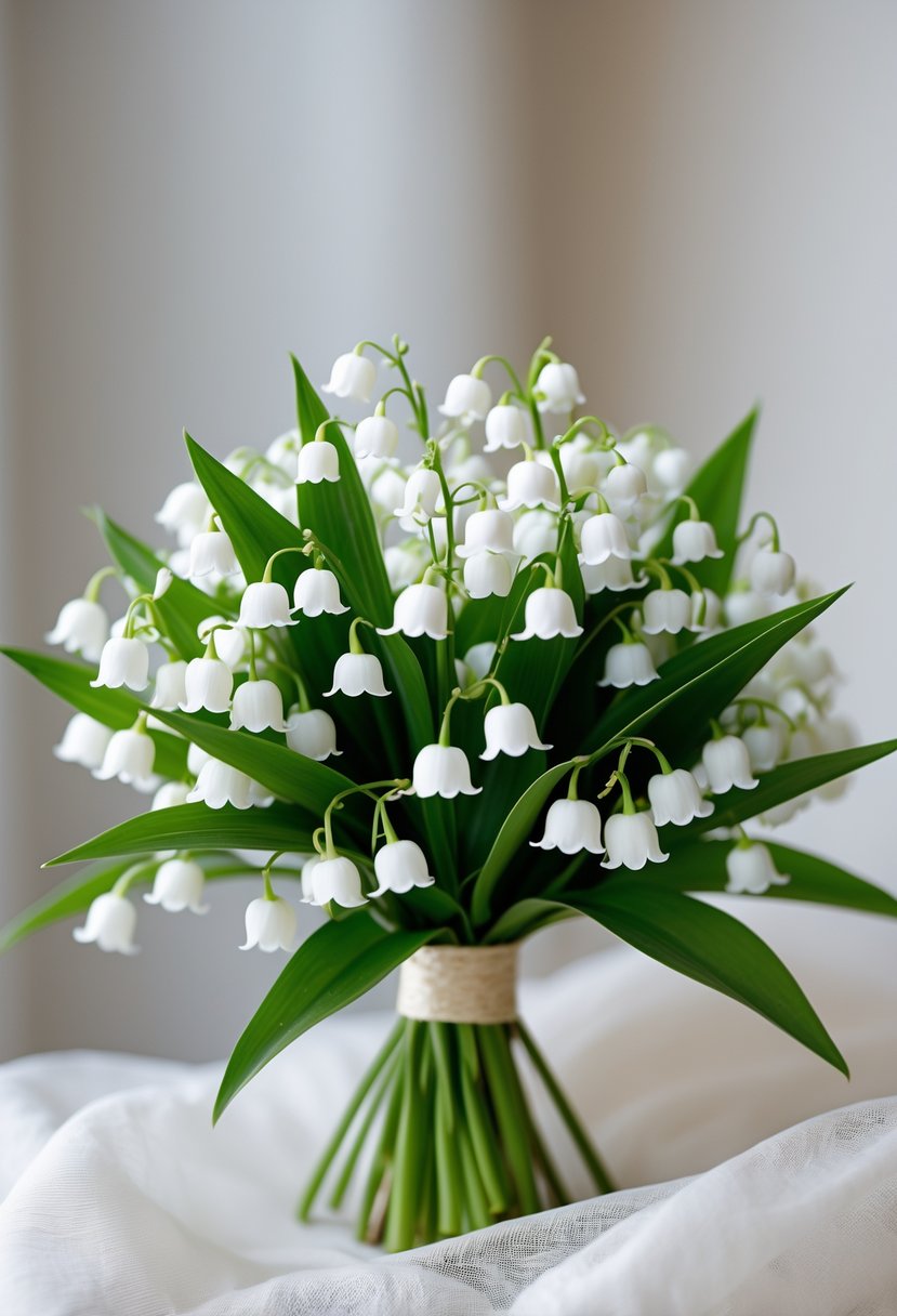 A small bouquet of white lily of the valley flowers with green leaves on a soft neutral background.