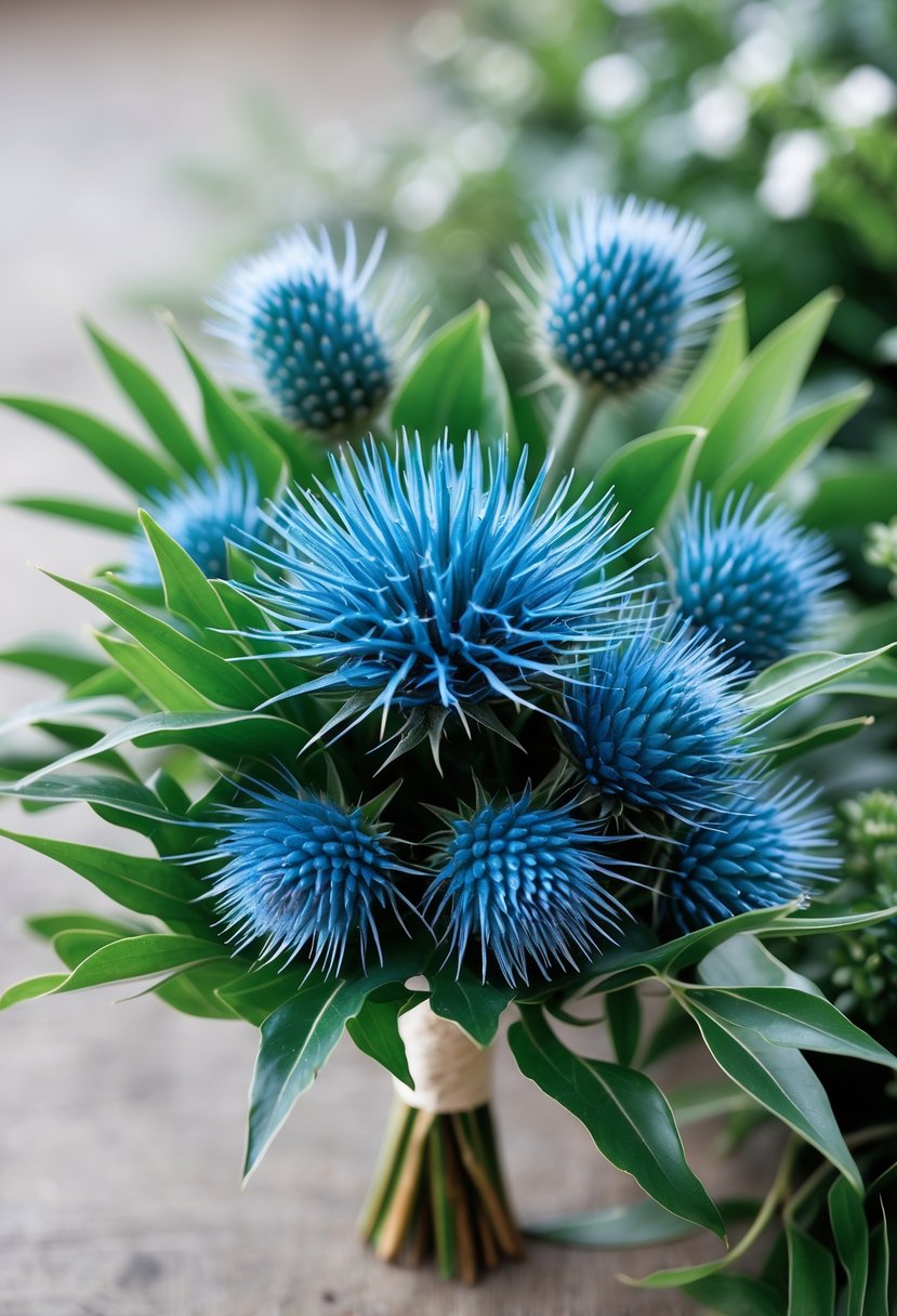 A small wedding bouquet with blue thistle flowers and green leaves.