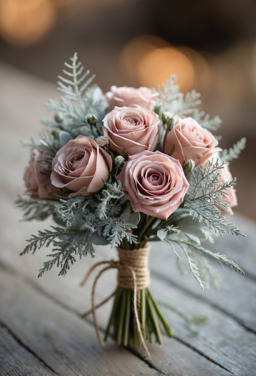 A small wedding bouquet with mini rustic roses and dusty miller leaves on a wooden surface.
