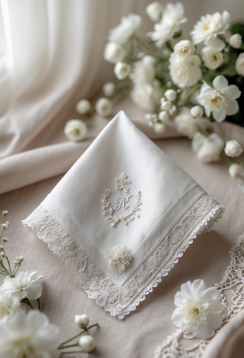 A folded handkerchief lined with wedding dress fabric placed on a soft surface with small white flowers around it.