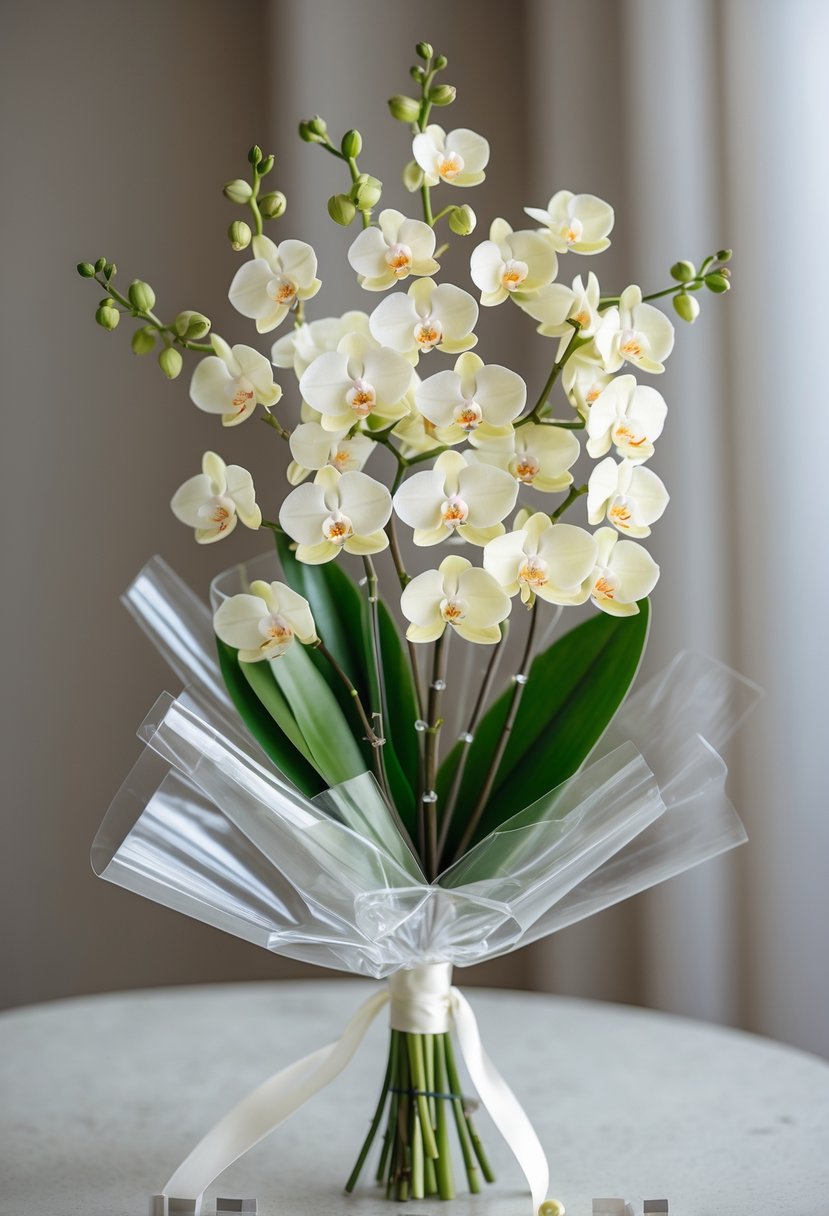 A small wedding bouquet of mini orchid stems wrapped in clear transparent wrap against a neutral blurred background.
