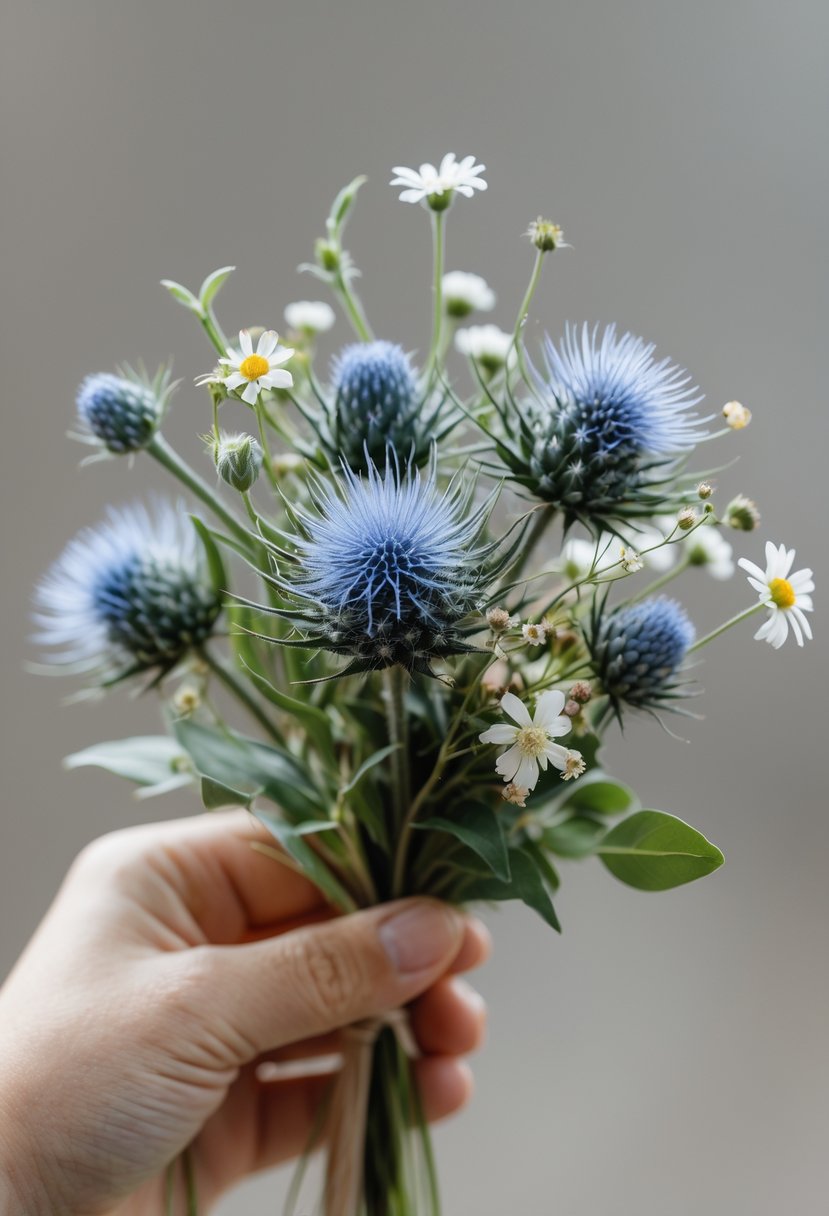 A small wedding bouquet with blue thistle and various wildflowers held against a neutral background.