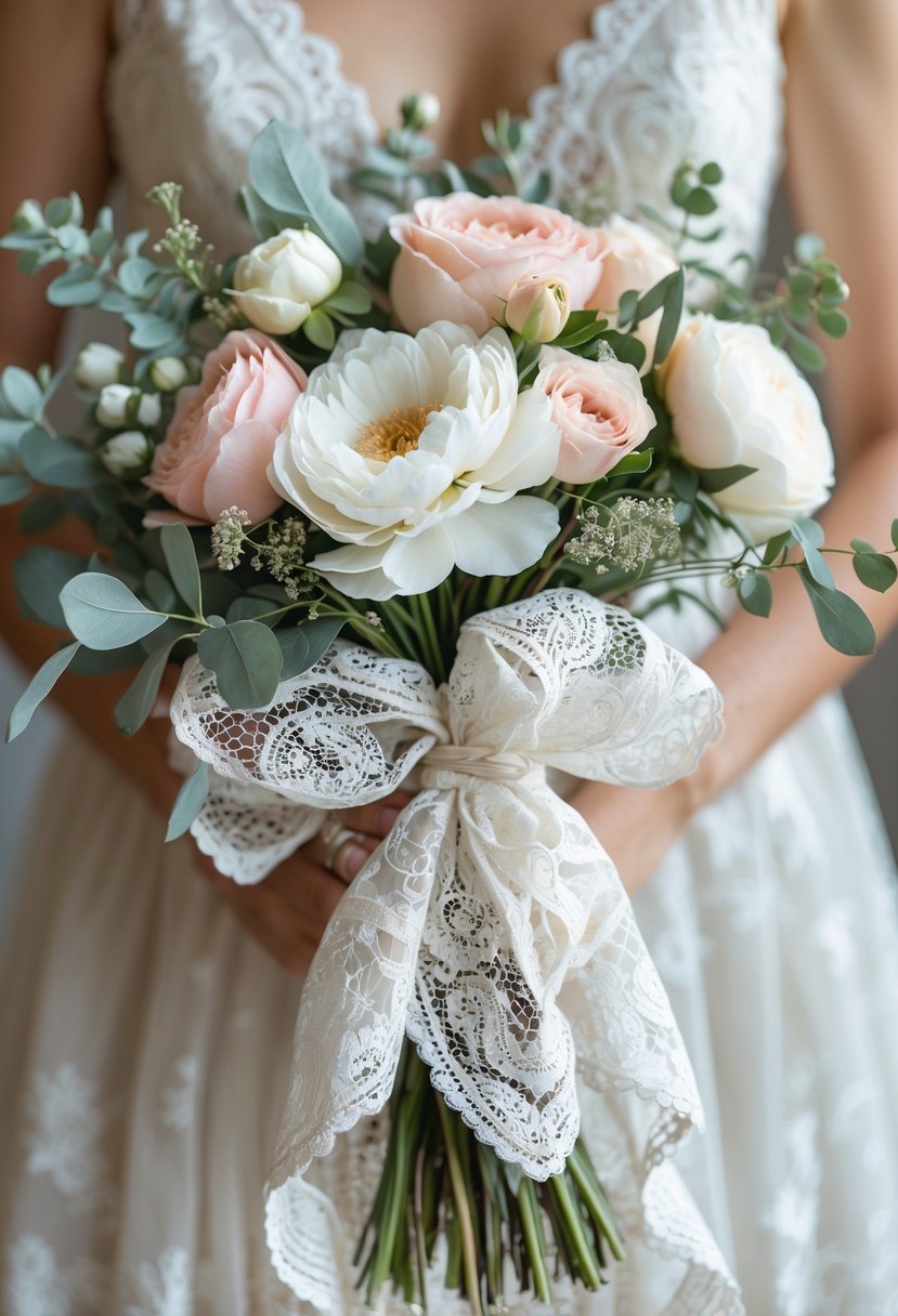 A bridal bouquet wrapped in white lace fabric with pastel flowers including roses and peonies.