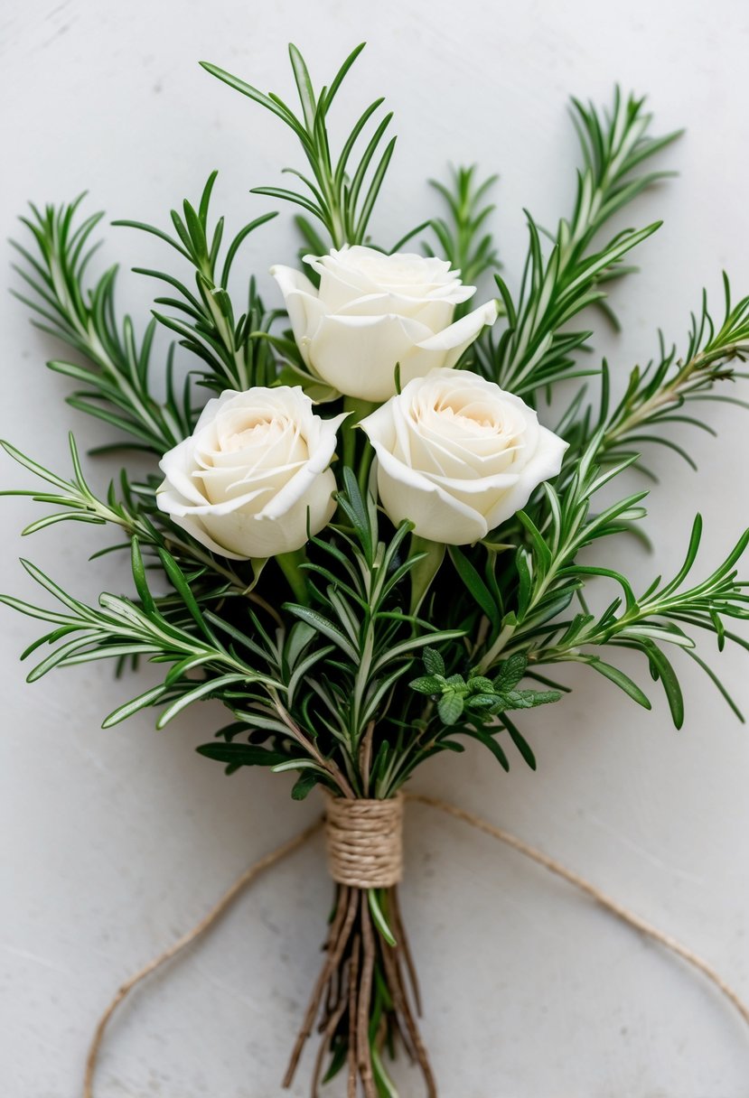 A small wedding bouquet made of white roses and green rosemary sprigs resting on a light background.