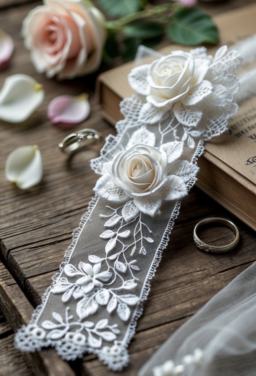 Close-up of a lace and tulle fabric bookmark resting on a wooden surface with rose petals and a silver ring nearby.