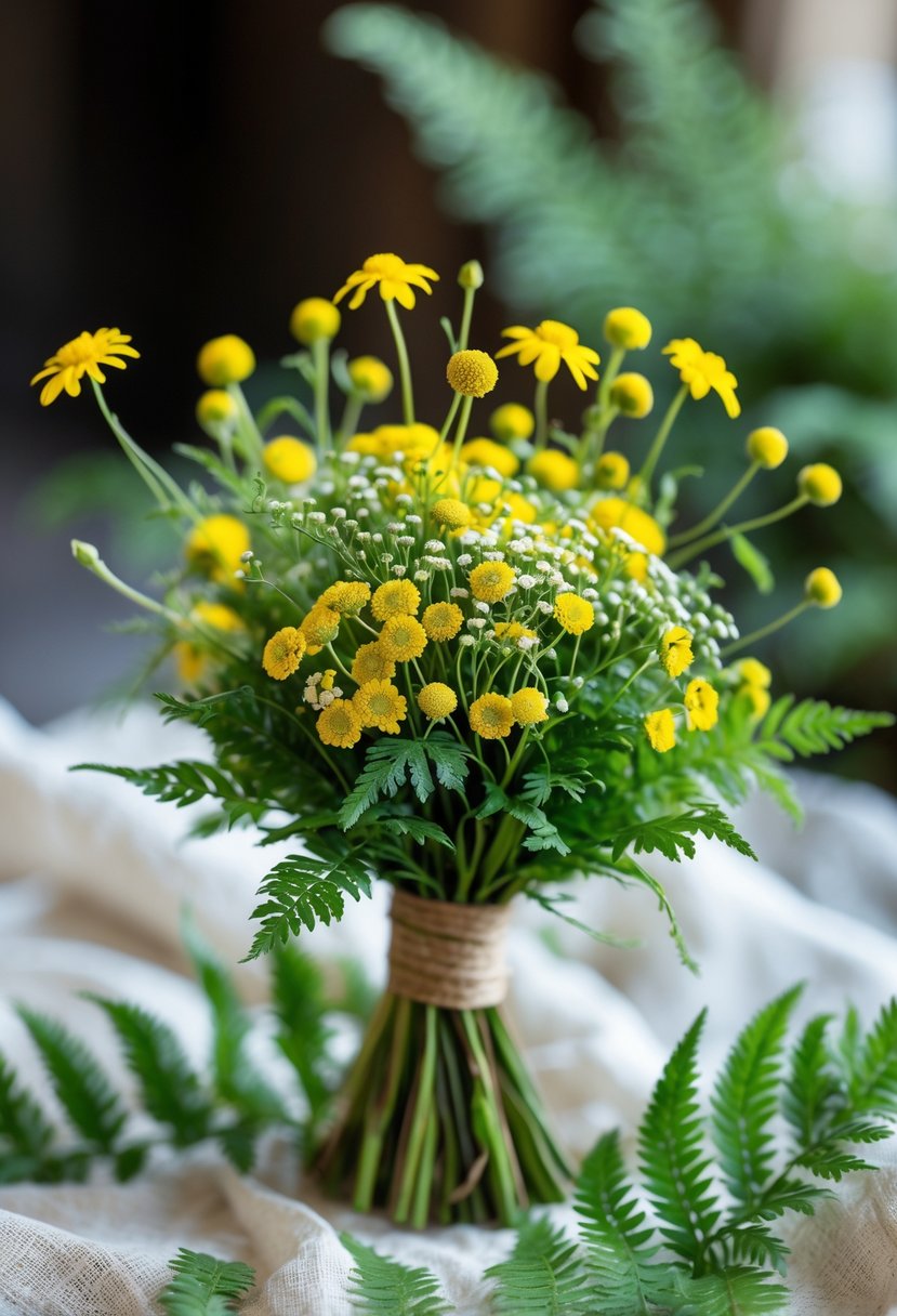 A small wedding bouquet with yellow chamomile flowers and green ferns arranged together.