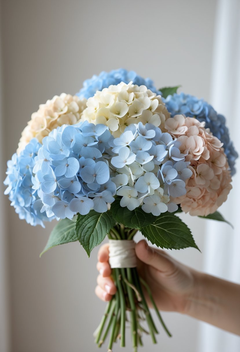 A small bouquet of pastel hydrangea flowers held in one hand against a blurred neutral background.