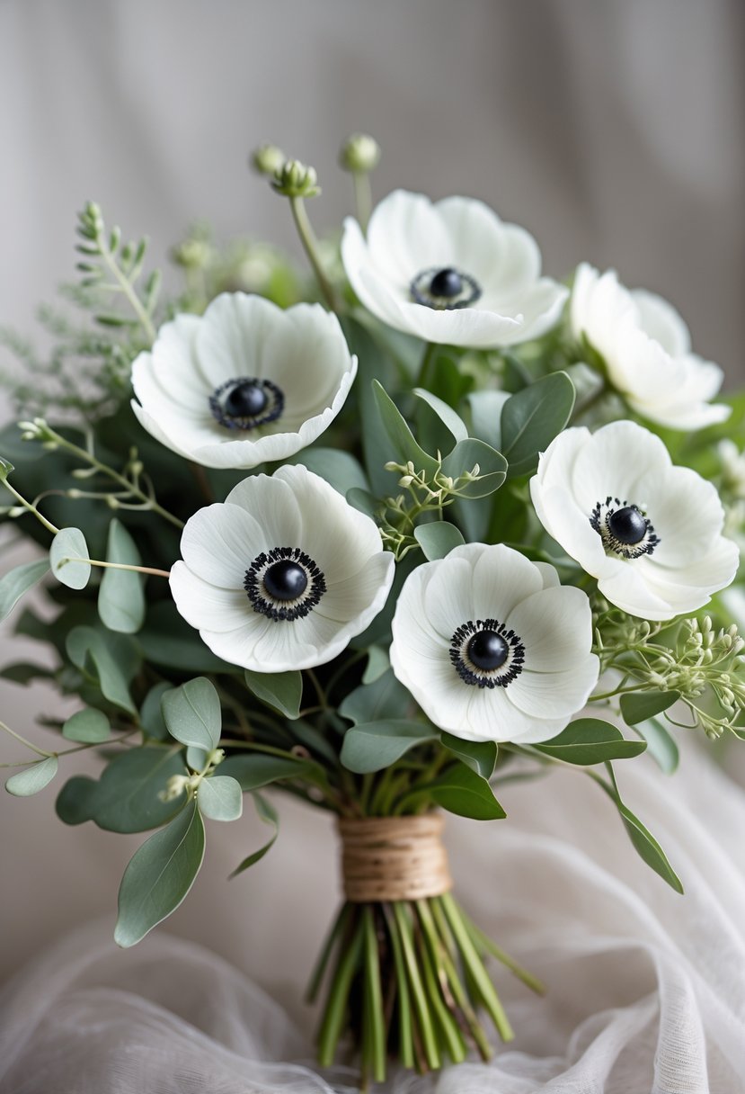 A small bouquet of white anemone flowers with green leaves on a neutral background.