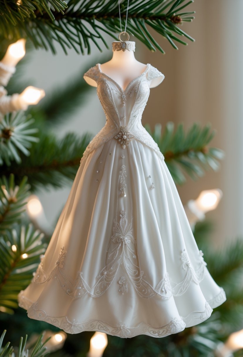 A Christmas tree branch with a white wedding dress-shaped ornament hanging among green pine needles and soft white lights.