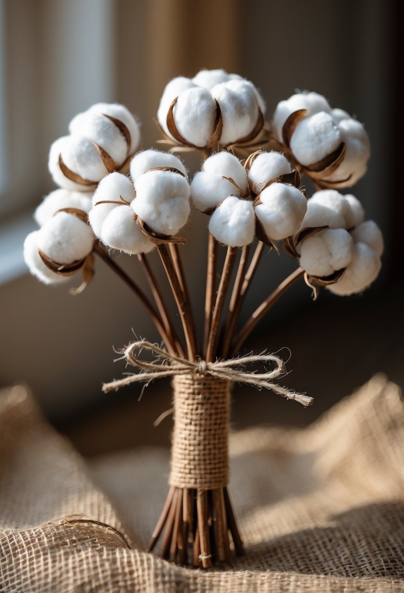 A small wedding bouquet made of cotton stems wrapped in burlap fabric and tied with twine.