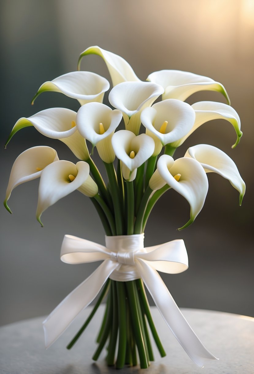 A small bouquet of white calla lilies tied with a white ribbon against a softly blurred background.