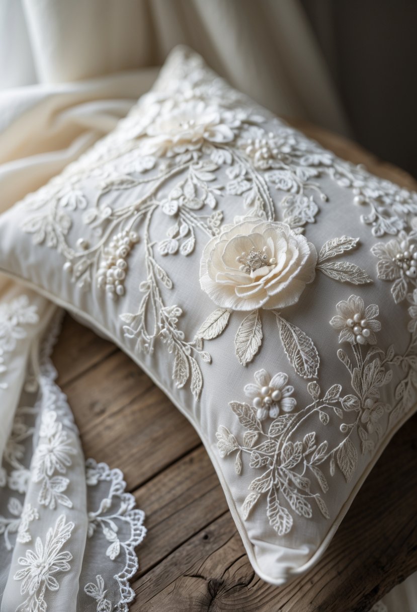 Close-up of an embroidered fabric pillow made from wedding dress material placed on a wooden surface.