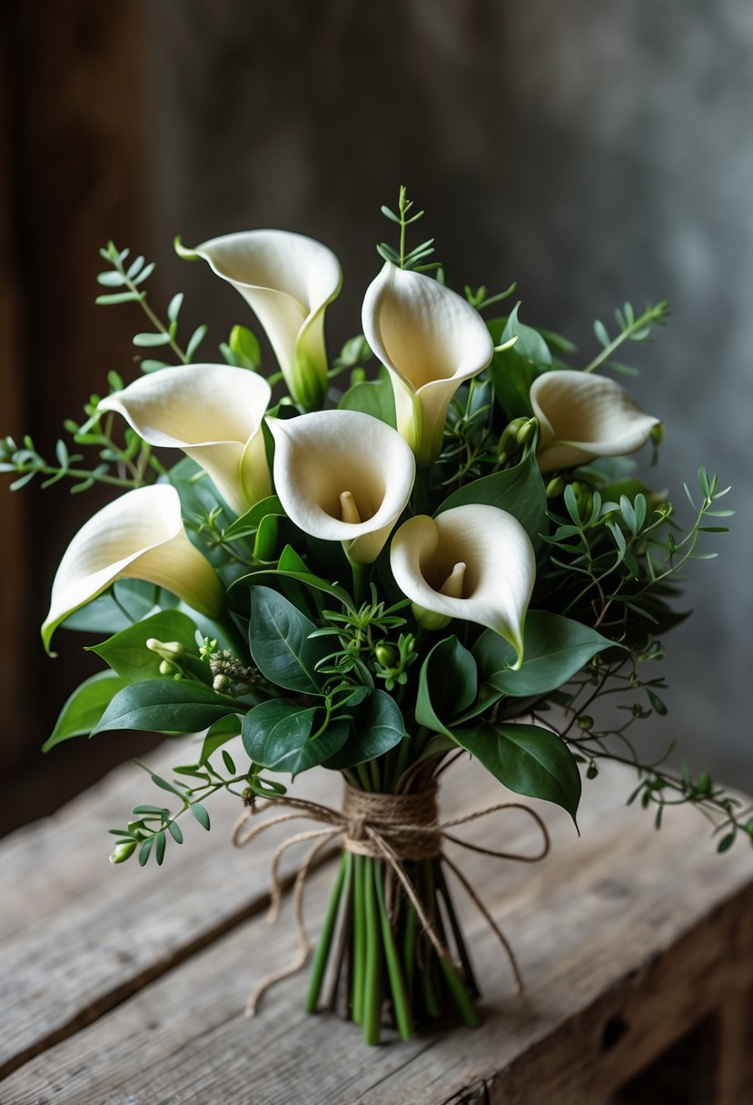A small wedding bouquet of mini calla lilies and green leaves resting on a wooden surface.