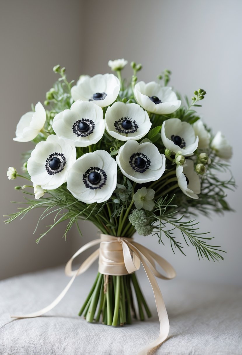 A small bouquet of white anemone flowers with dark centers and green leaves tied with a light ribbon, resting on a neutral surface.
