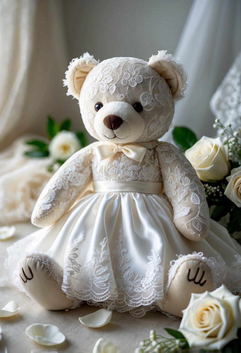 A stuffed teddy bear made from white wedding dress fabric sitting among rose petals and flowers on a soft surface.