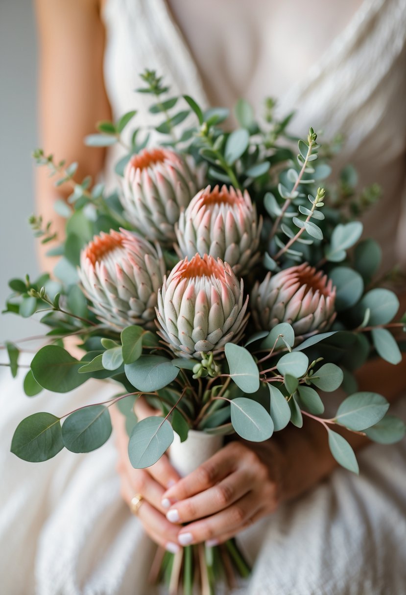 A small wedding bouquet with tiny pincushion protea flowers and eucalyptus leaves resting on a wooden surface.