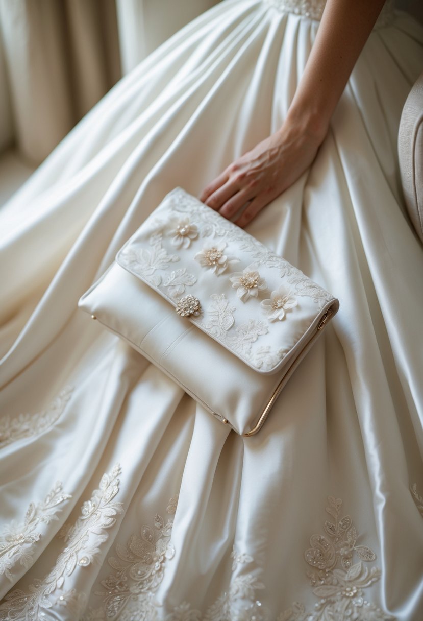 A white wedding dress with an elegant clutch purse resting on its skirt in a softly lit room.