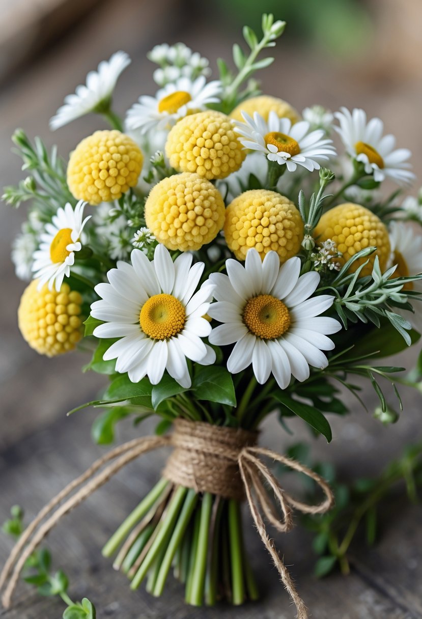A small rustic wedding bouquet of yellow button poms and white daisies tied with twine.