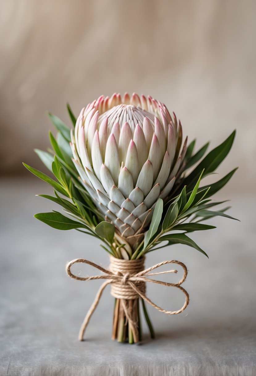 A single protea flower wrapped with twine as a small wedding bouquet against a blurred neutral background.