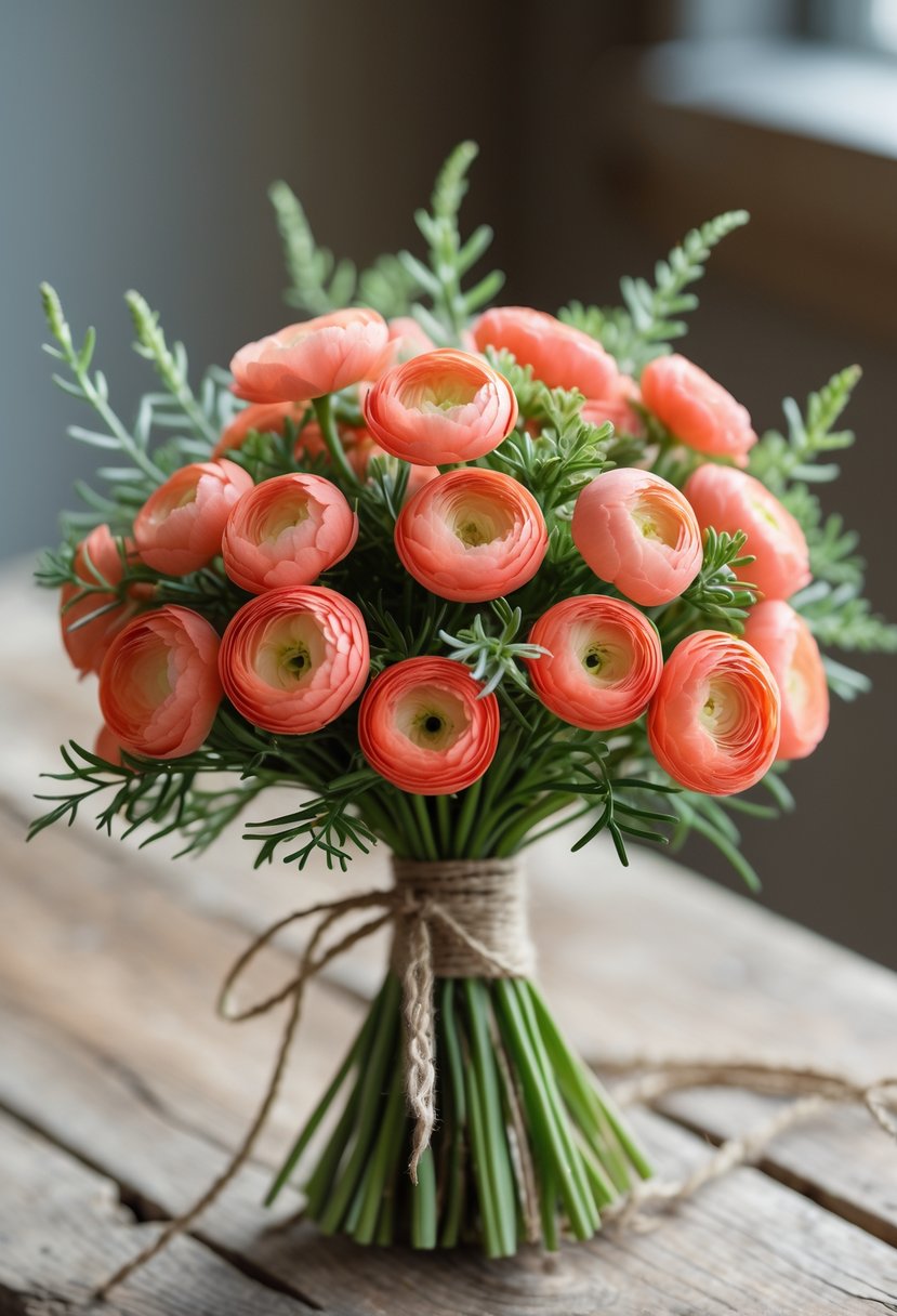 A small cluster of coral ranunculus flowers arranged as a simple wedding bouquet on a wooden surface.