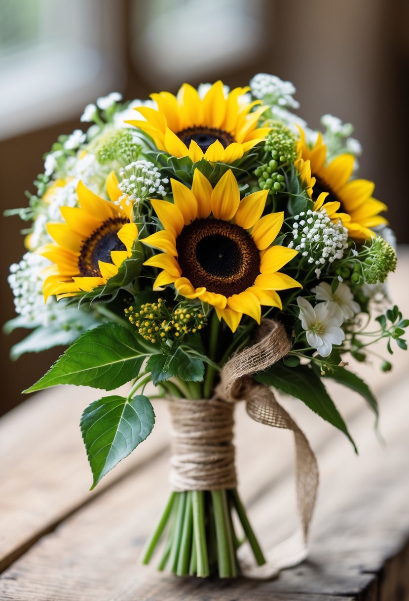 A small bouquet of bright yellow mini sunflowers with green leaves and white filler flowers tied with twine, resting on a wooden surface.