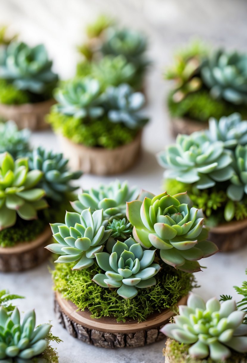 Close-up of mini succulent wedding bouquets arranged on moss bases with a blurred neutral background.