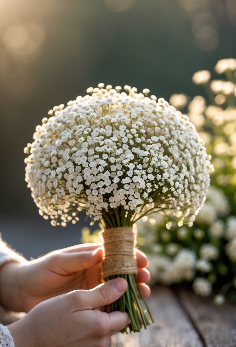 A small rustic wedding bouquet made of tightly clustered white baby's breath flowers with wrapped stems.
