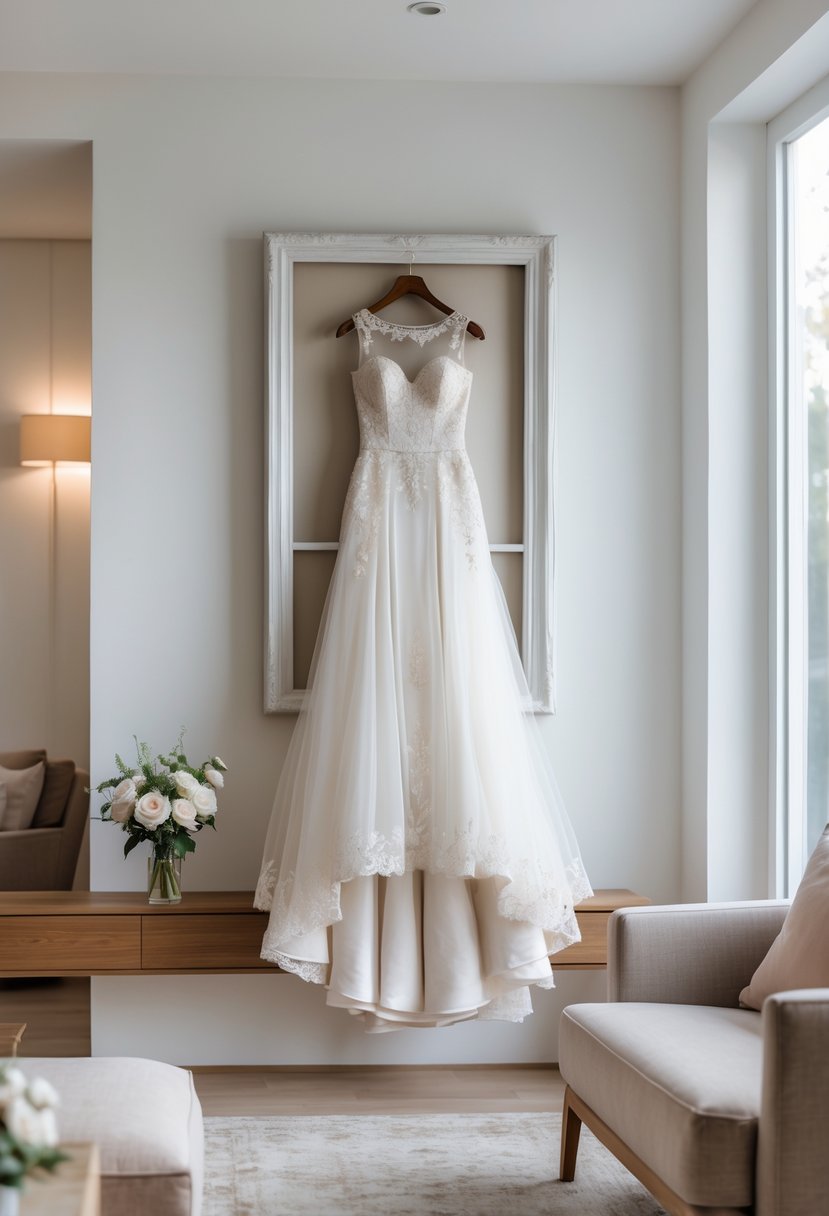 A framed wedding dress displayed on a white wall above a wooden table with flowers in a bright living room.