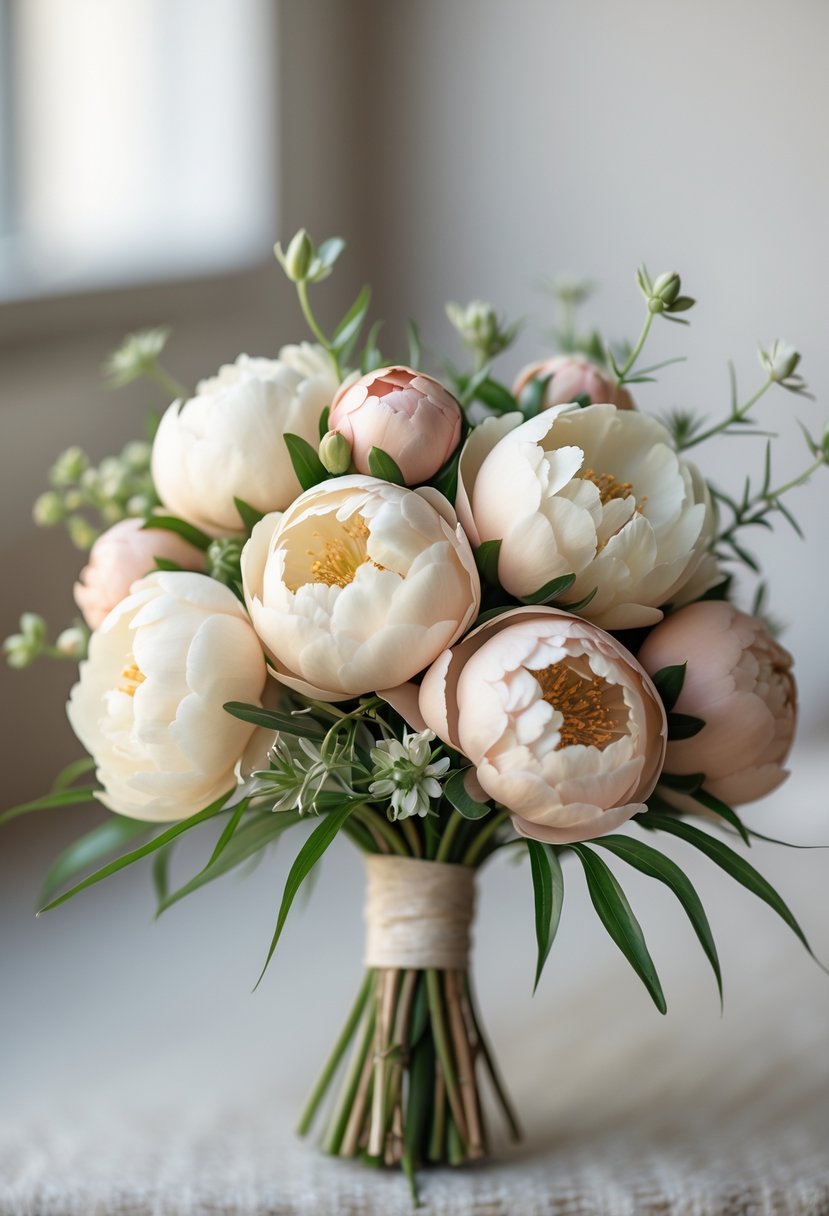 A small wedding bouquet of cream and blush peony buds with green leaves on a blurred background.