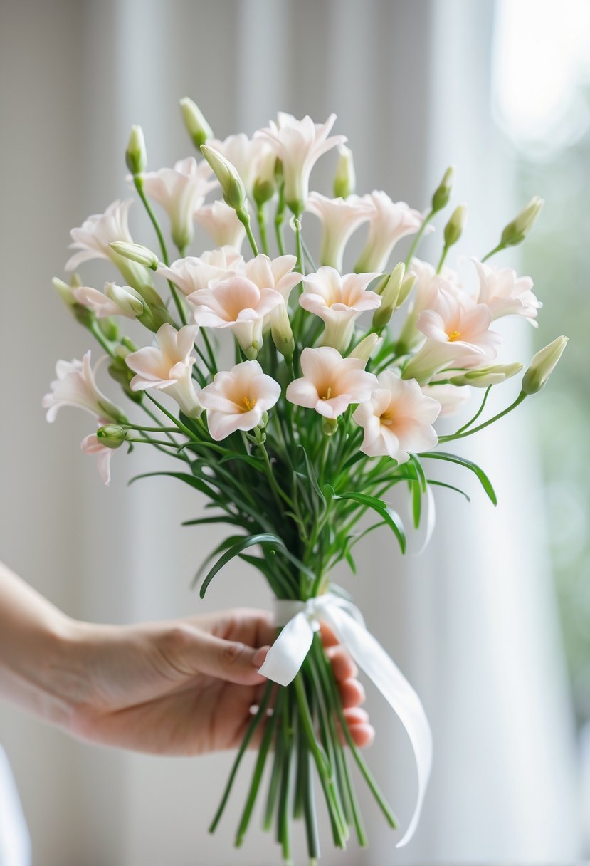 A small bunch of pastel freesia flowers arranged as a simple wedding bouquet on a neutral background.