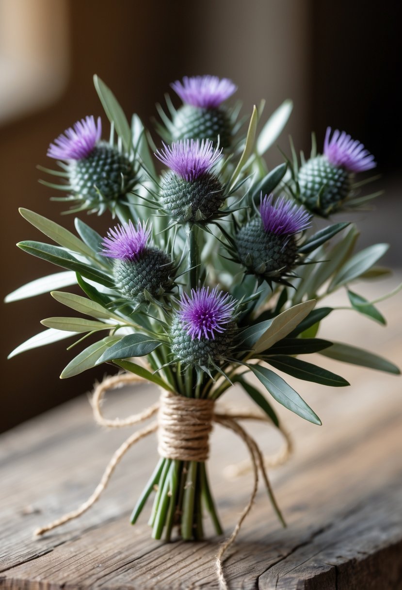 A small wedding bouquet with miniature thistle flowers and olive branches placed on a wooden surface.