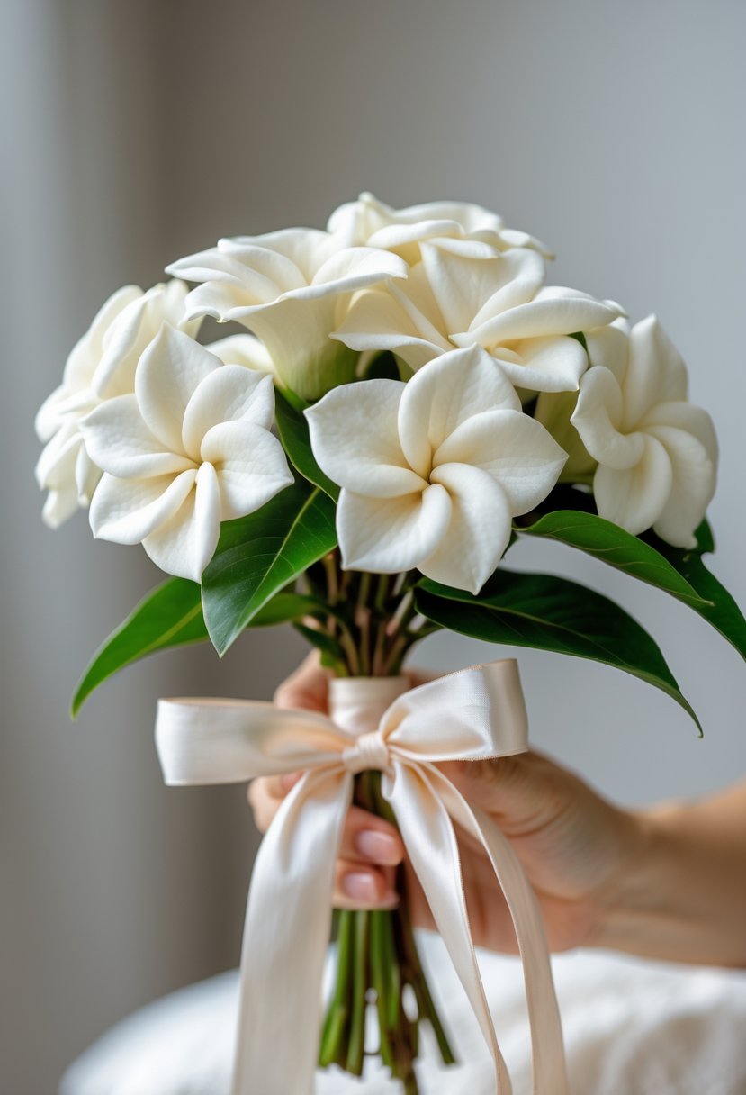 A small bouquet of white gardenia flowers tied with a pale silk ribbon.