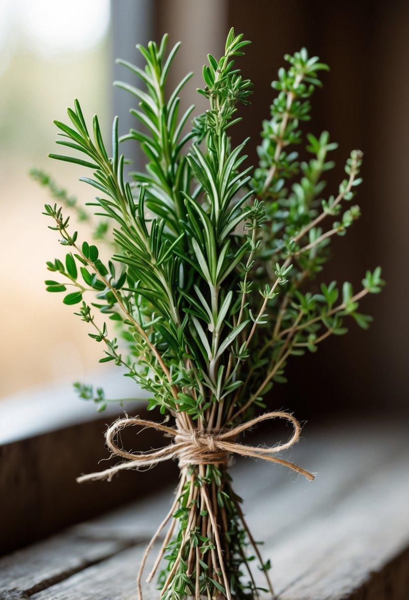 A small bundle of fresh rosemary and thyme tied with twine on a wooden surface.